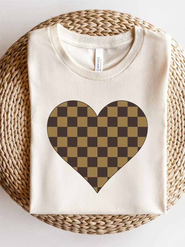 Plus Brown Checkered Heart Crew Neck Tee