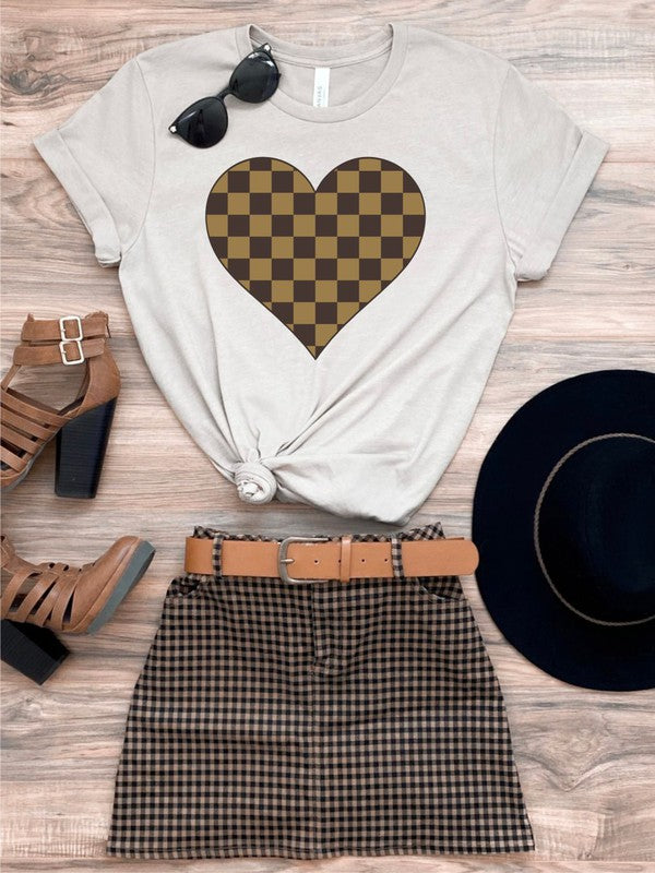 Plus Brown Checkered Heart Crew Neck Tee