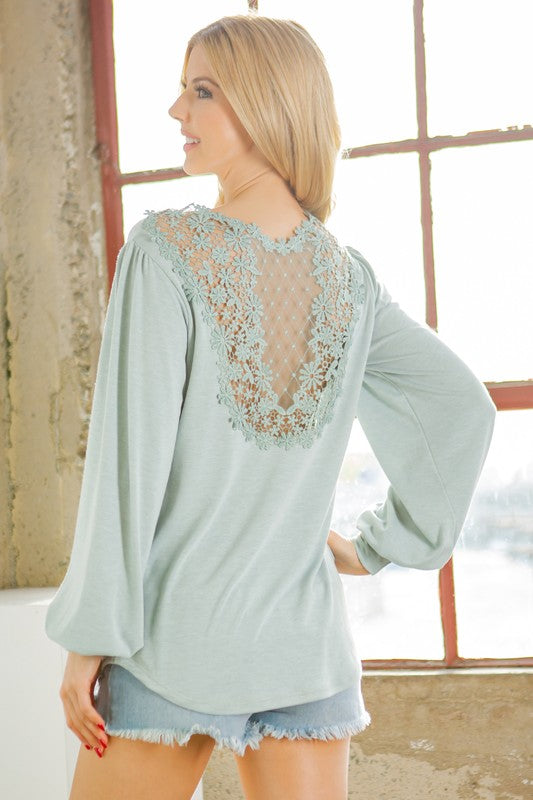 Lace Back Panel Bubble Sleeve Top