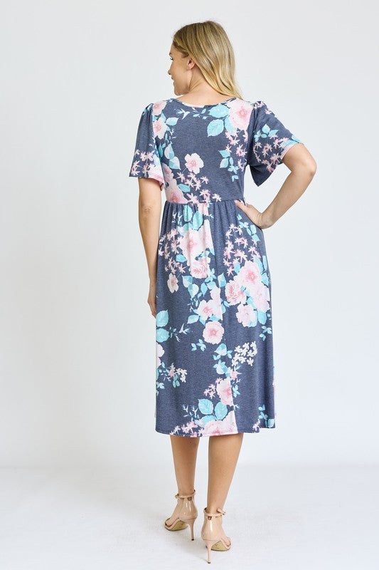 Kimono Sleeve Floral Tea Length Dress
