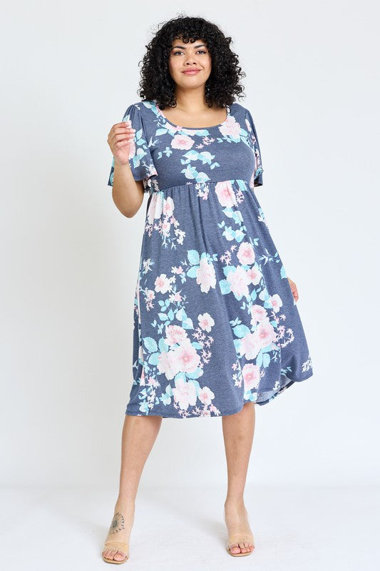 Plus Kimono Sleeve Floral Tea Length Dress