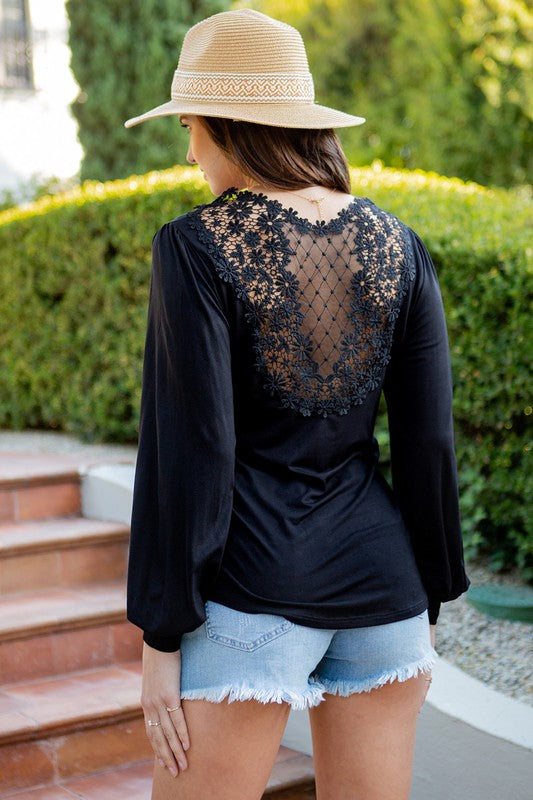 Lace Back Panel Bubble Sleeve Top