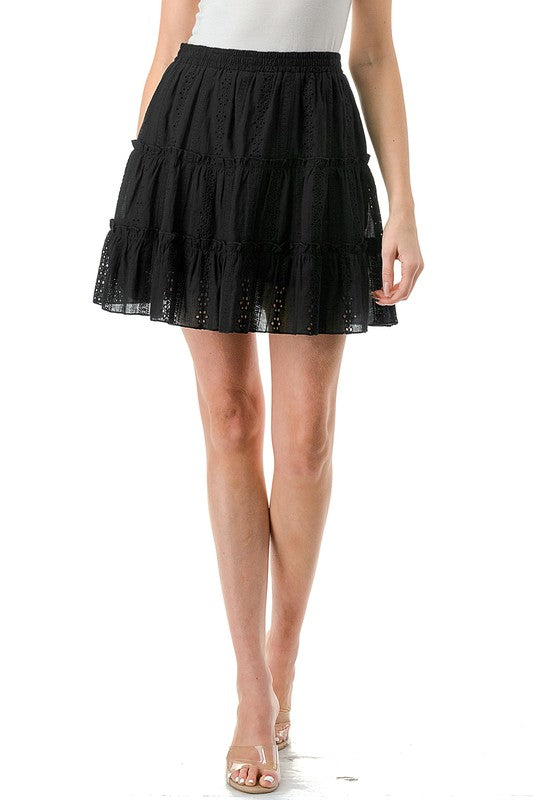 Embroidered Eyelet Tiered Ruffle Mini Skirt