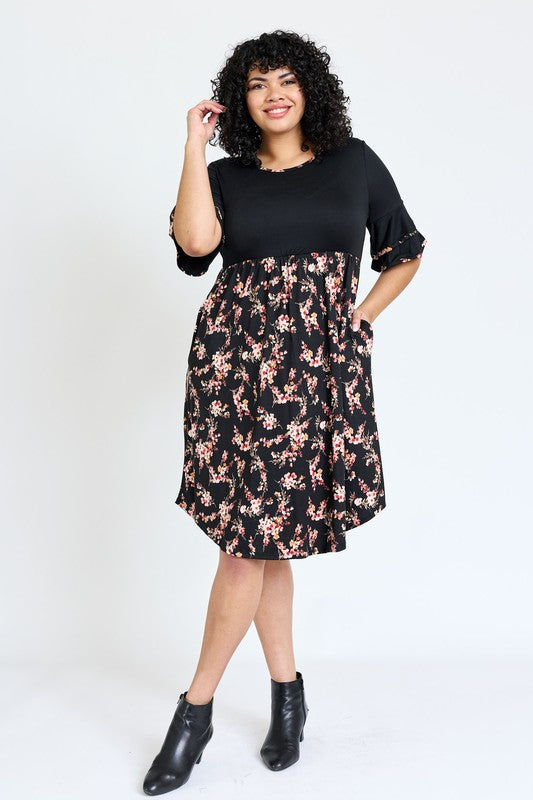 Plus Floral Double Ruffle Sleeve Dress