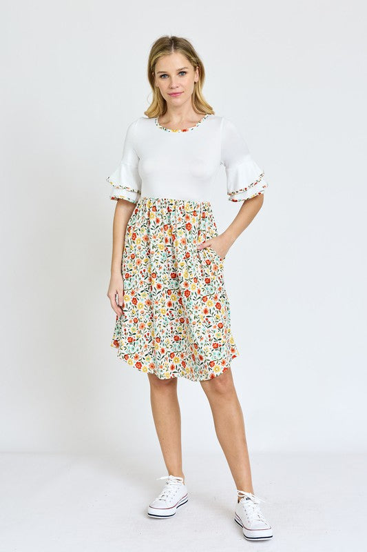 Plus Floral Double Ruffle Sleeve Dress