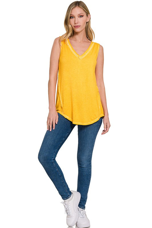 Washed Sleeveless V-Neck Top with Hi-Low Hem