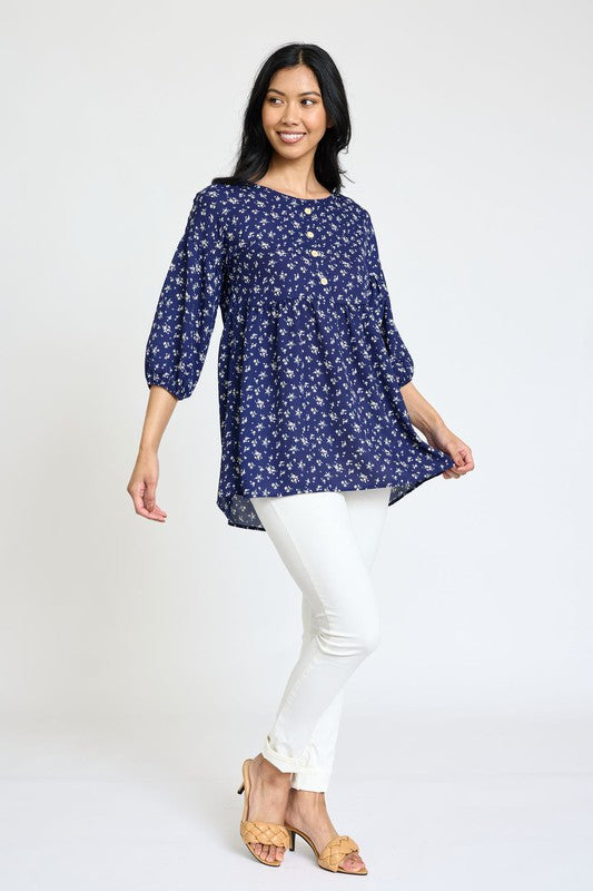 Ditsy Floral Button Babydoll Tunic Blouse