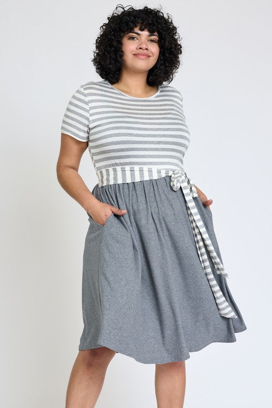 Plus Striped Fit & Flare Sash Midi Dress