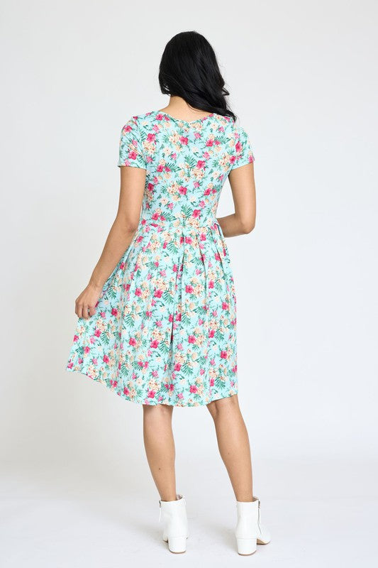 Floral Short Sleeve Pleated Fit & Flare Dress