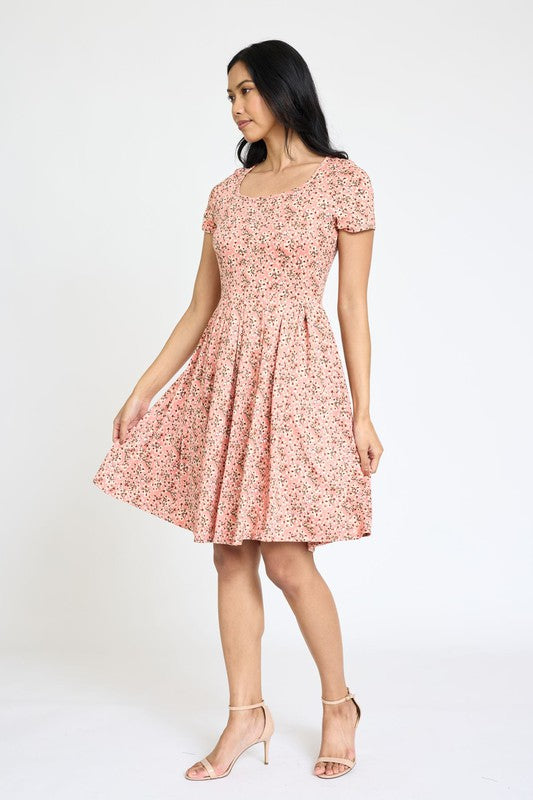 Floral Short Sleeve Pleated Fit & Flare Dress