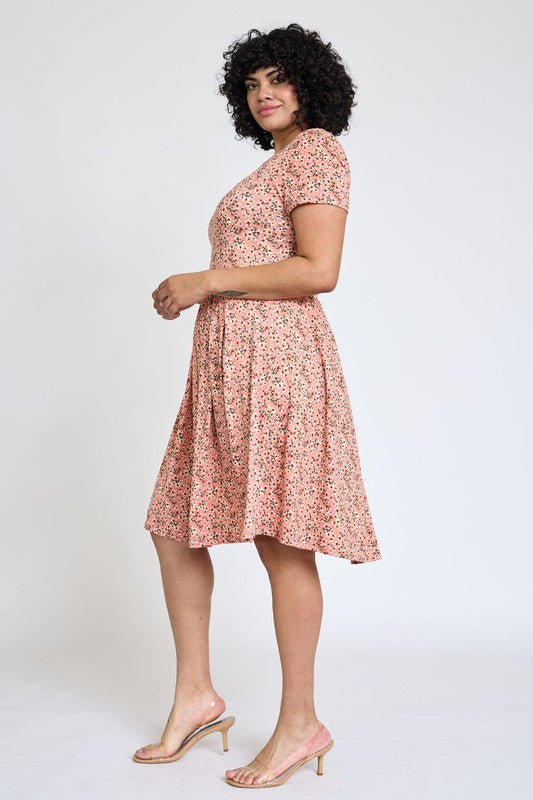 Plus Floral Short Sleeve Pleated Fit & Flare Dress