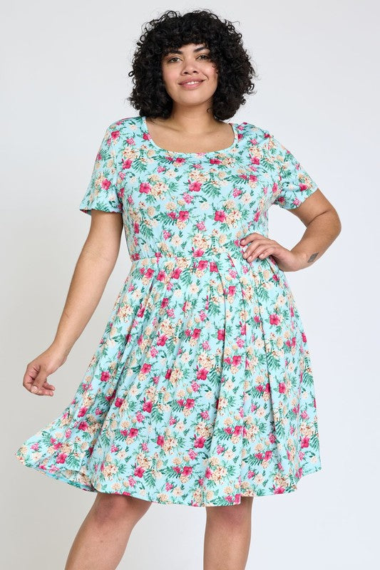 Plus Floral Short Sleeve Pleated Fit & Flare Dress