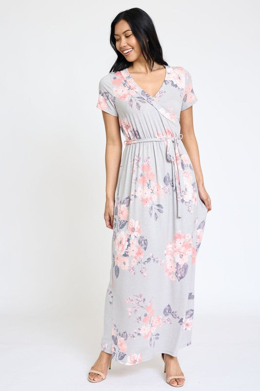 Floral Surplice Sash Maxi Dress