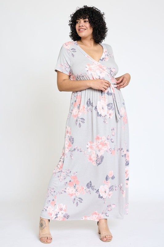 Plus Floral Surplice Sash Maxi Dress