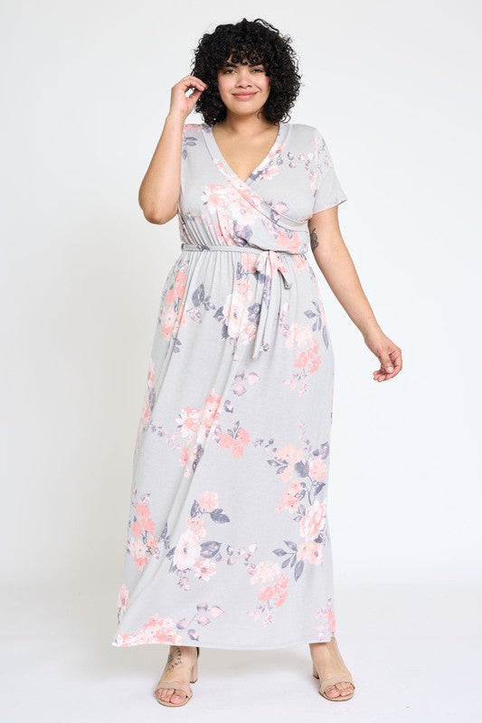 Plus Floral Surplice Sash Maxi Dress