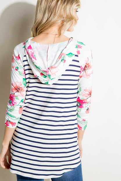 Plus Stripe Floral Kangaroo Pocket Hoodie Top