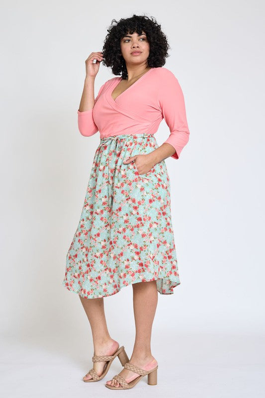 Plus Spring Floral Surplice Fit & Flare Sash Midi Dress