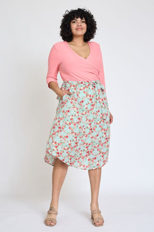 Plus Spring Floral Surplice Fit & Flare Sash Midi Dress