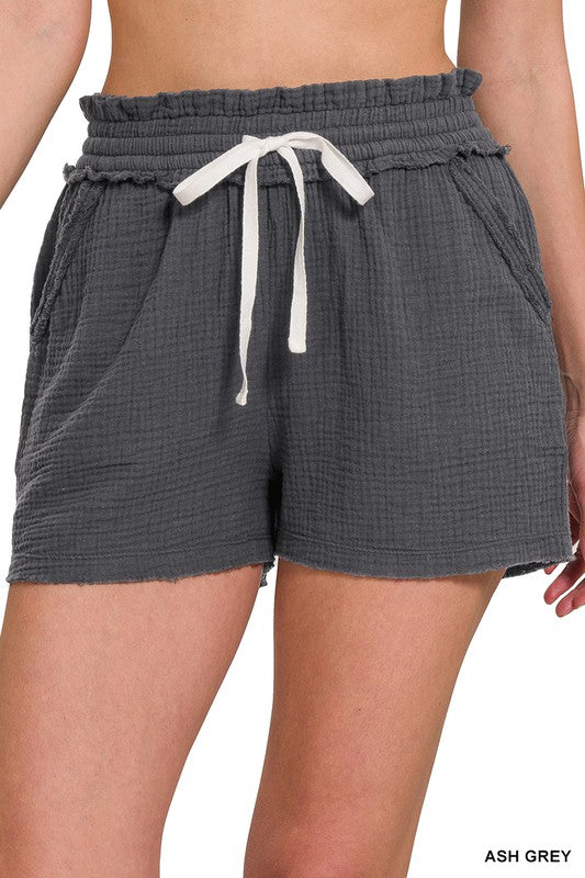 Double Gauze Elasticband Drawstring Waist Shorts With Pockets