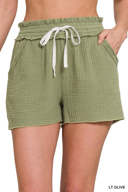Double Gauze Elasticband Drawstring Waist Shorts With Pockets