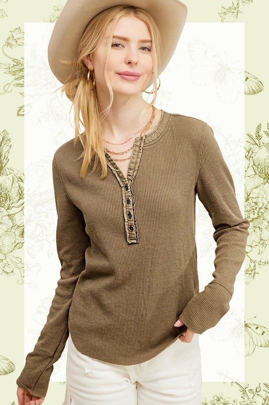 Washed Waffle Knit Button Top