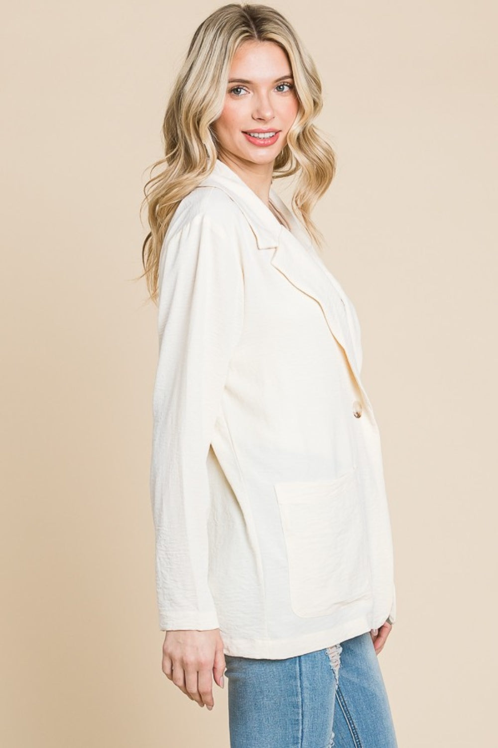 New Ivory One Button Long Sleeve Blazer with Pockets