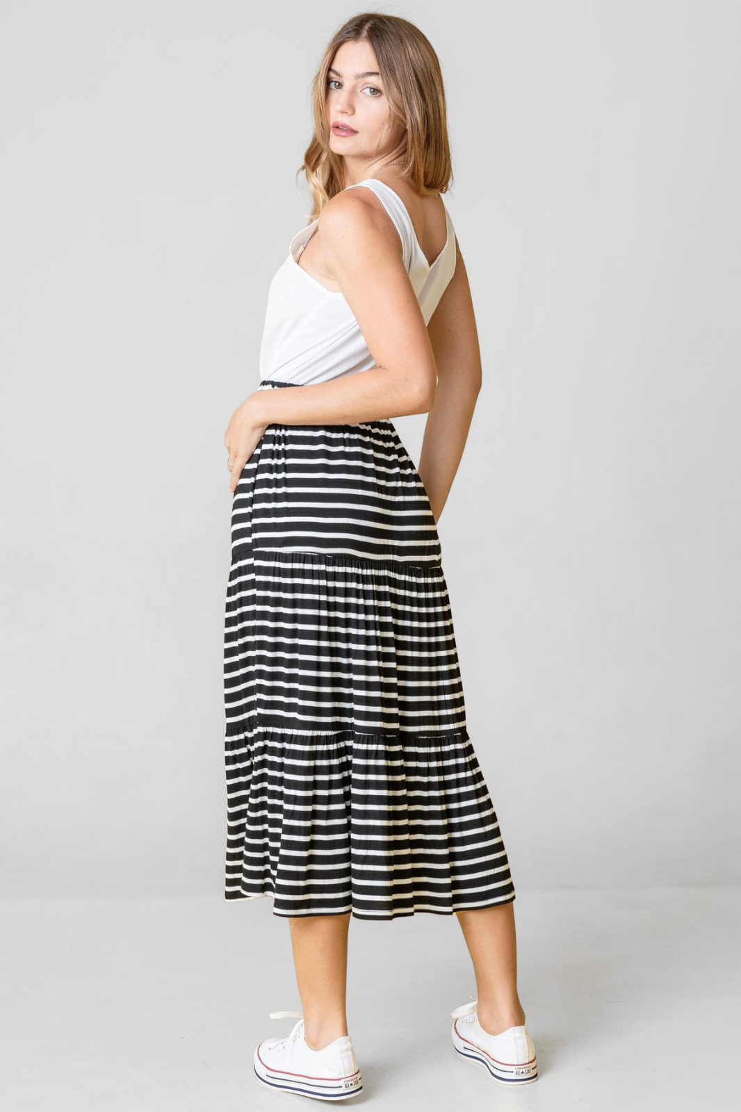 Stripe Tiered Ruffle Hem Maxi Skirt