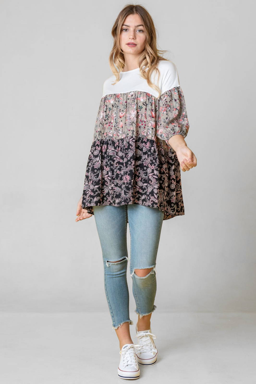 Plus Paisley Floral Bubble Sleeve Tiered Tunic