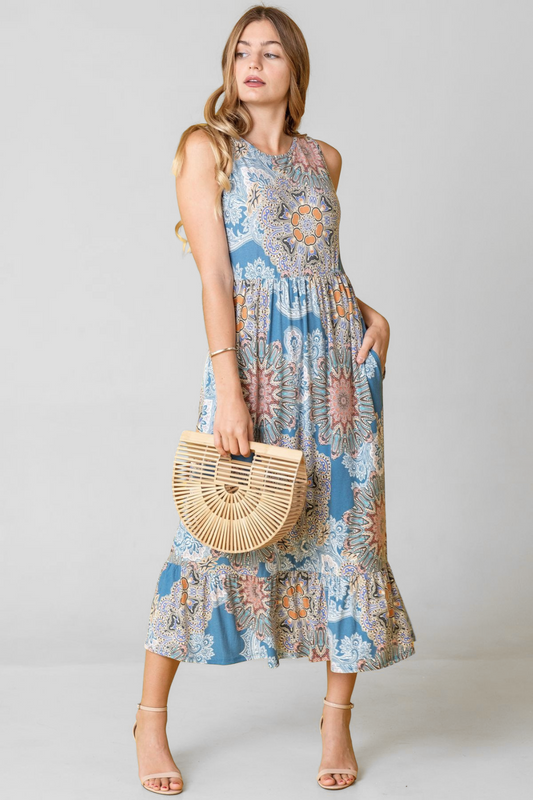 Print Sleeveless Ruffled Hem Tea-Length Dress
