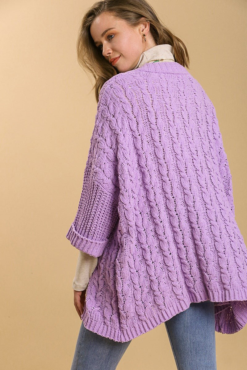 Lilac Cable Knit Open Front Cardigan