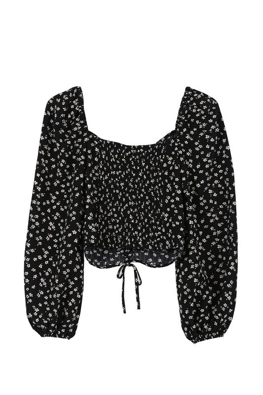 Black Floral Puff Sleeve Ruched Crop Top