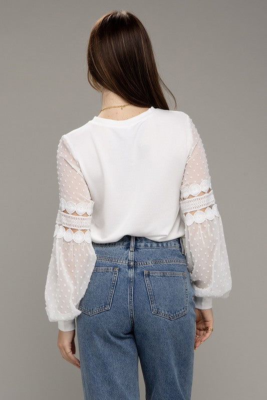 Swiss Dot Lace Bubble Sleeve Top