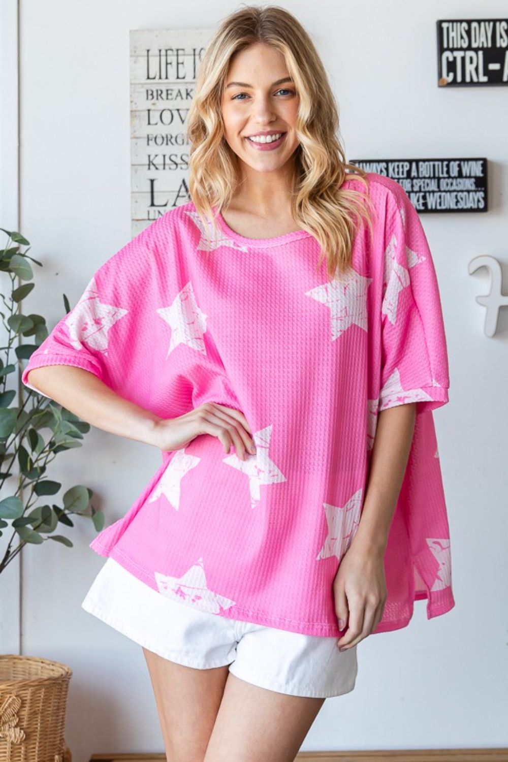 Hot Pink Star Pattern Oversized Waffle T-Shirt