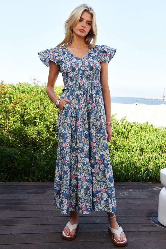 Vintage Garden Floral Flutter Sleeve Smocked Midi Dress