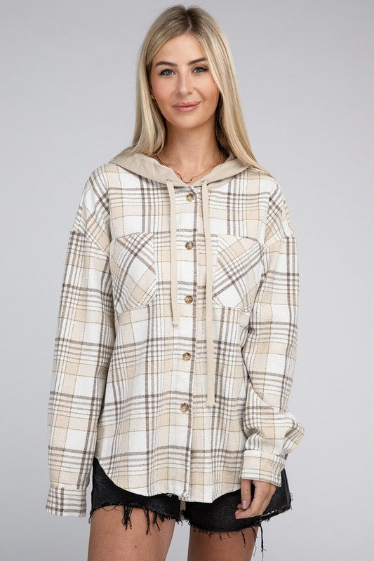 Plaid Hooded Button Up Shacket