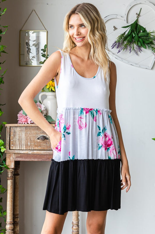 Floral Color Block Scoop Neck Tiered Tank Dress