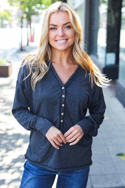 Charcoal Henley Button Down V Neck Top