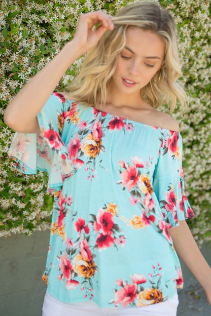 Plus Floral Off Shoulder Ruffle Sleeve Top