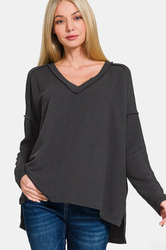 Corded Rib Long Sleeve Hi-Low V Neck Top