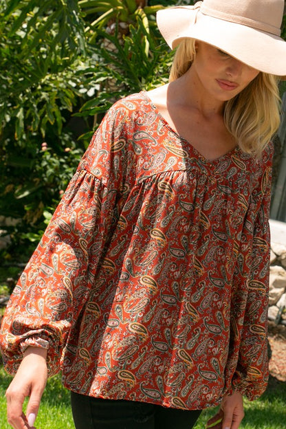 Plus Paisley Bubble Sleeve Babydoll Blouse