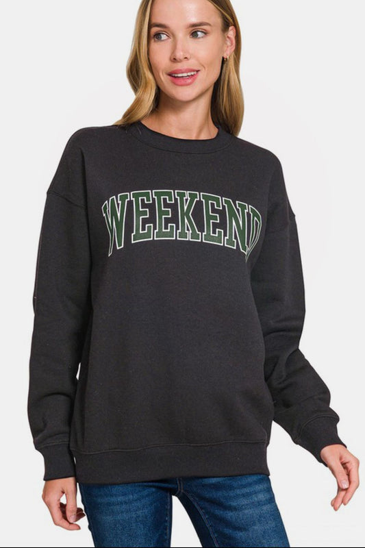 "Weekend" Printed Fleece Round Neck Sweatshirt