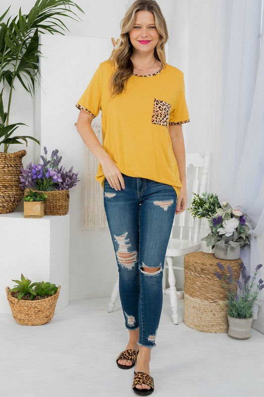 Solid Leopard Contrast Pocket Tee