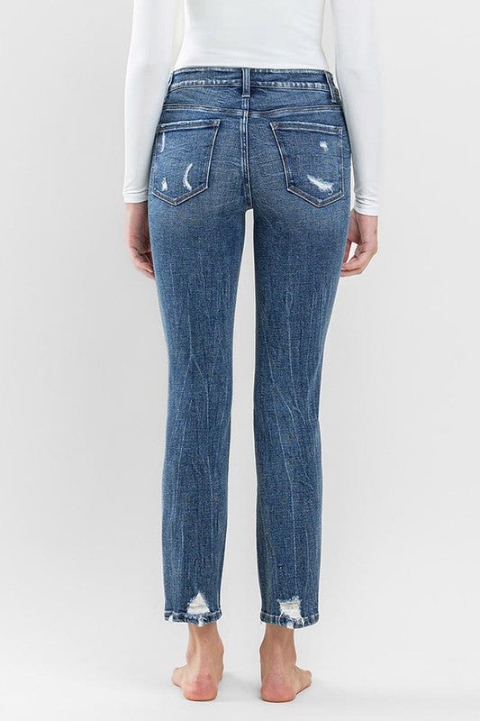 Mid Rise Distressed Crop Slim Straight Jeans