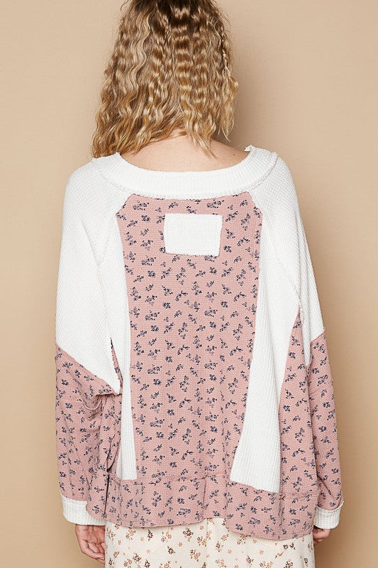 Waffle Knit Floral Notched Long Sleeve Top