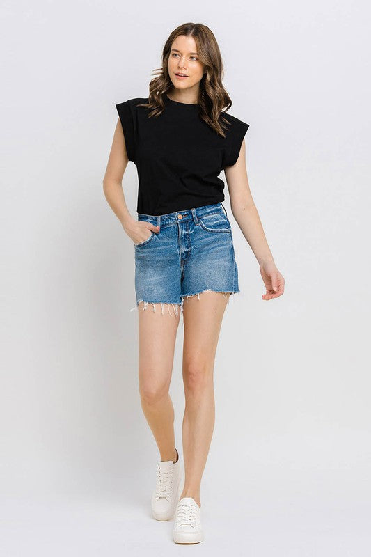 High Rise Distressed Hem A-Line Shorts