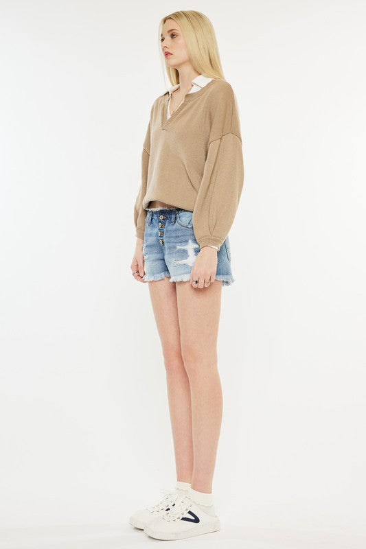 Low Rise Waistband Detail Button Down Shorts Jeans