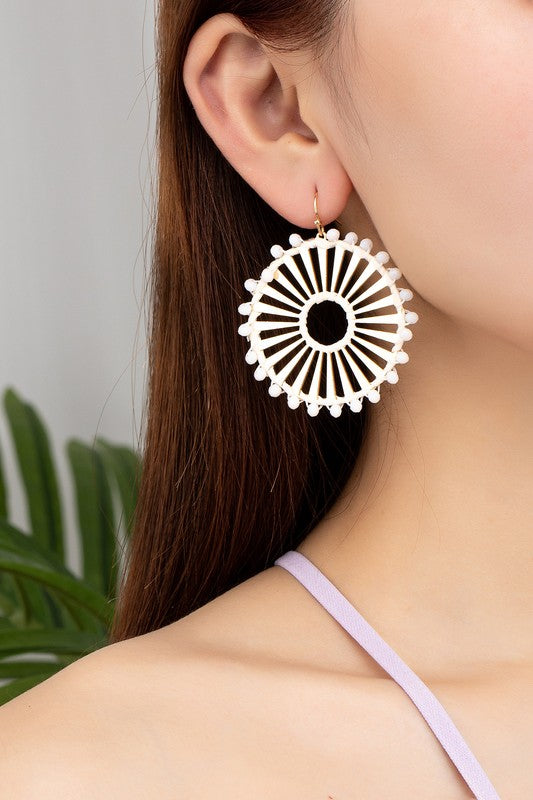 Solar Ray Disk Earrings with Raffia Straw and Glass Bead