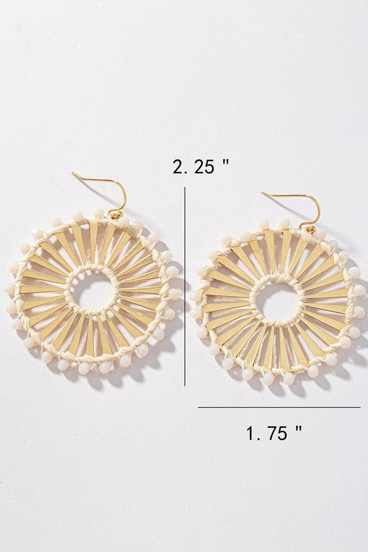 Solar Ray Disk Earrings with Raffia Straw and Glass Bead