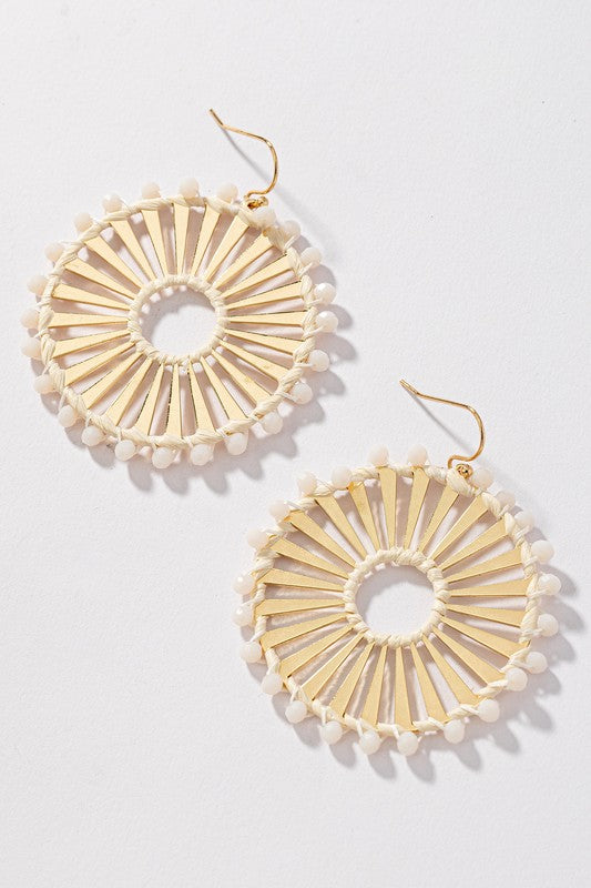 Solar Ray Disk Earrings with Raffia Straw and Glass Bead