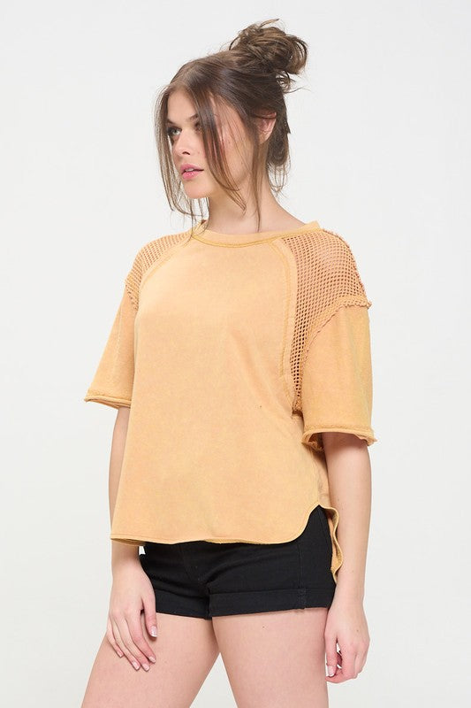 Plus Mineral Washed Short Sleeve Fishnet Shoulder Top